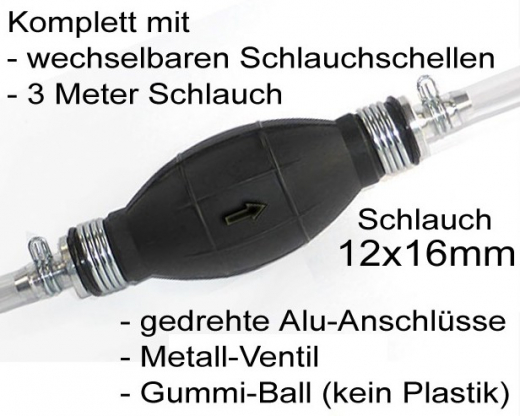 Pumpball 12mm, Benzinpumpe mit 3m Schlauch + Schlauchklemmen