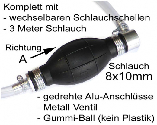 Pumpball 8mm quer, Benzinpumpe mit 3m Schlauch + Schlauchklemmen