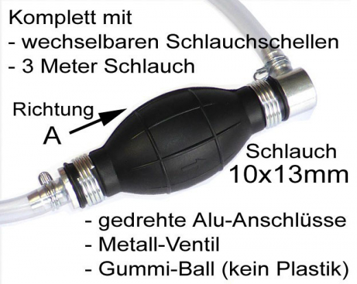 Pumpball 10mm quer, Typ A, Benzinpumpe mit 3m Schlauch + Schlauchklemmen