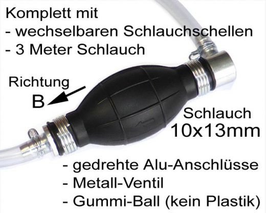 Pumpball 10mm quer, Typ B, Benzinpumpe mit 3m Schlauch + Schlauchklemmen