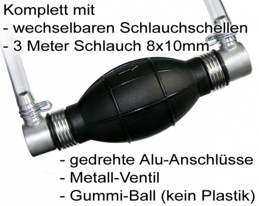 Pumpball 8mm 2xquer, Typ C, Benzinpumpe mit 3m Schlauch + Schlauchklemmen