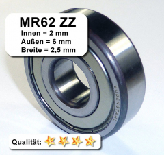 Radiales Rillen-Kugellager MR62ZZ - 2 x 6 x 2,5 mm